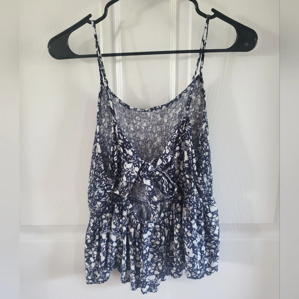 Floral Print Navy and White Women's Spaghetti Strap Scrunch/Flowy Top #MP - Picture 4 of 8